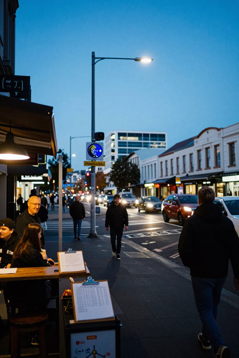 Busy Christchurch Evening Street Scene with Weather Radar and Local Pedestrians in in Christchurch, New Zealand