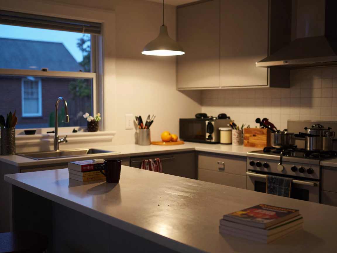 Busy Christchurch Kitchen Counter Evening with Apron and Paperbacks in in Christchurch, New Zealand