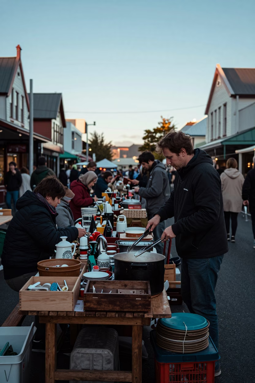 Busy Christchurch Market Stall Early Morning with Vintage Goods in in Christchurch, New Zealand