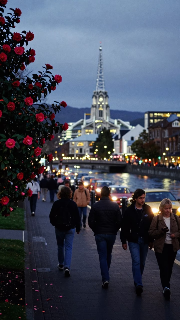 Busy Christchurch New Zealand Evening Street Scene with Camellia Blooms and City Lights in in Christchurch, New Zealand