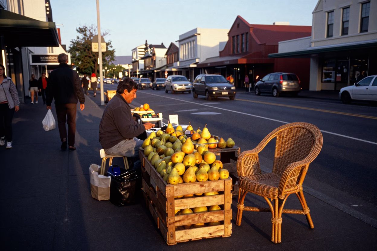 Busy Christchurch New Zealand Evening Street Scene with Pears and Rattan Chair in in Christchurch, New Zealand
