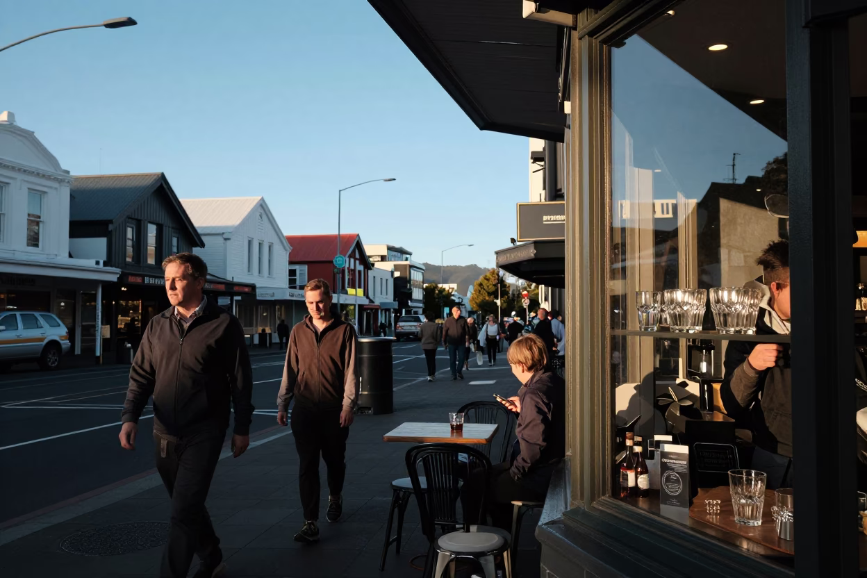 Busy Christchurch New Zealand Late Afternoon Street Scene with Glass Tumbler and Table Fan in in Christchurch, New Zealand