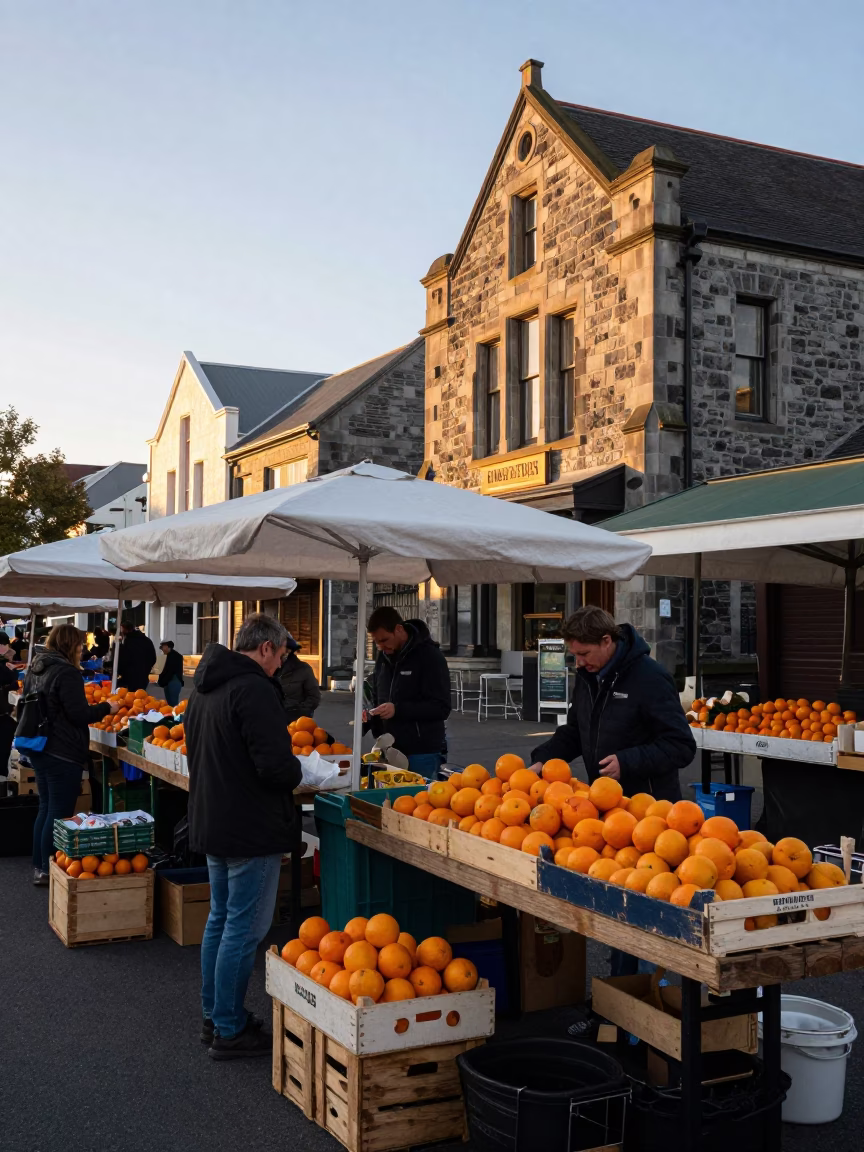 Busy Christchurch New Zealand Market Stall at Dawn with Fresh Oranges and Local Shoppers in in Christchurch, New Zealand