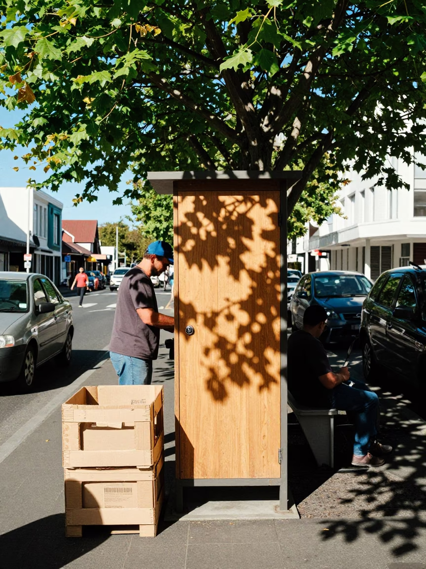 Busy Christchurch New Zealand Midday Street Scene with Cardboard Crate and Leaf Shadows in in Christchurch, New Zealand