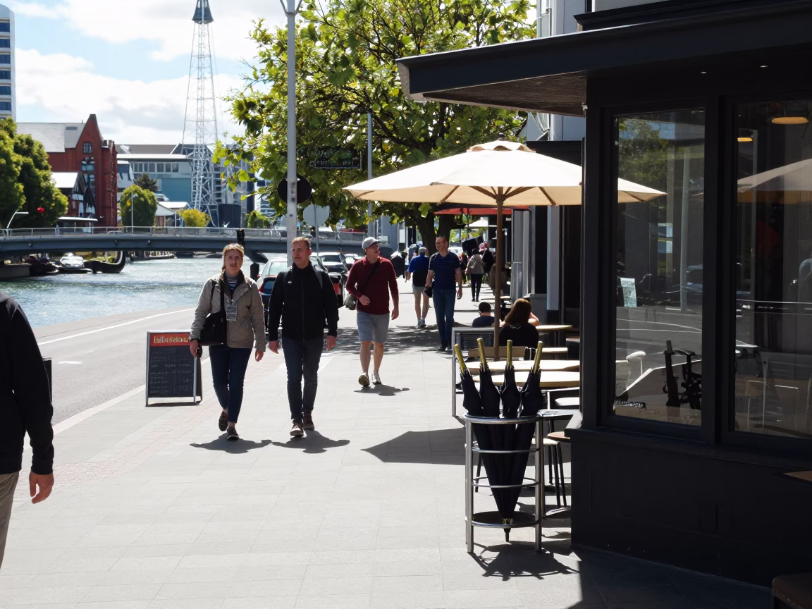 Busy Christchurch New Zealand Midday Street Scene with Local Details and Urban Life in in Christchurch, New Zealand