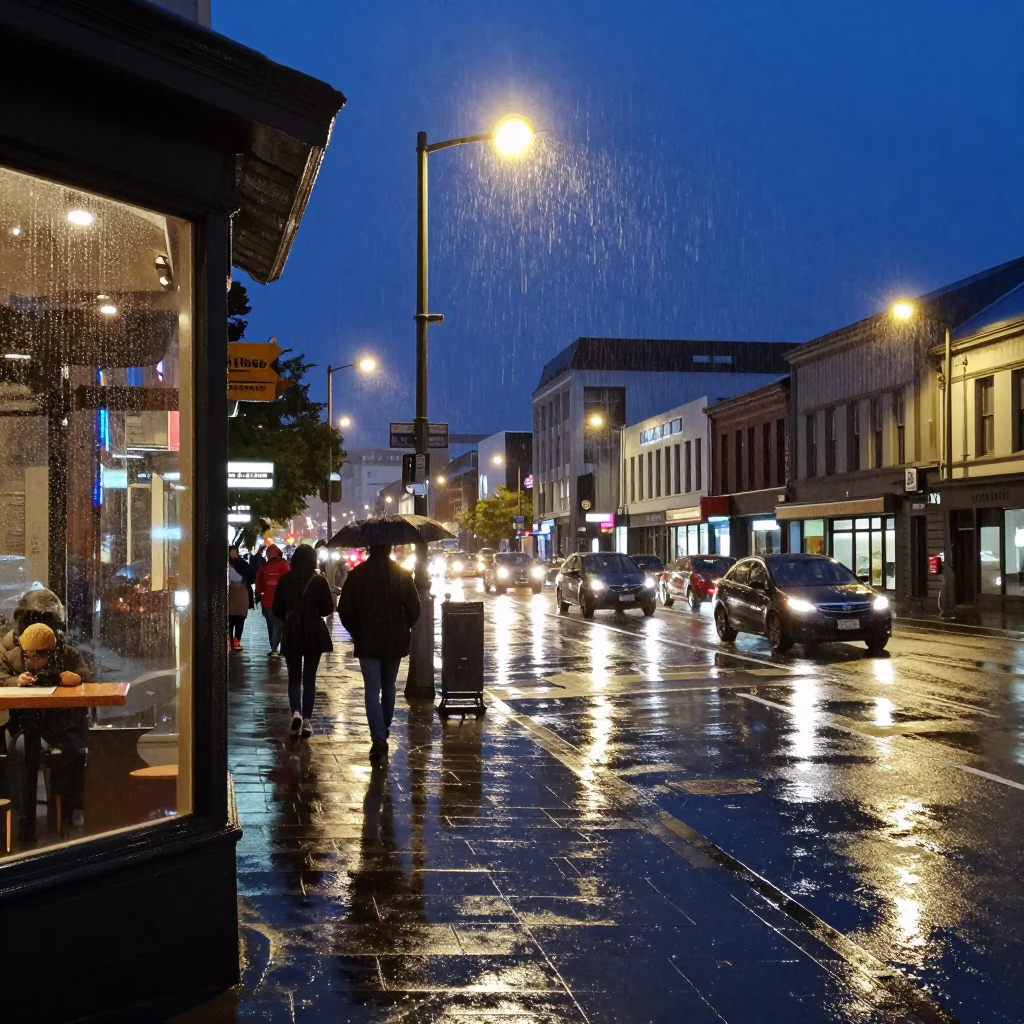 Busy Christchurch New Zealand Midnight Street Scene with Rain and Neon Lights in in Christchurch, New Zealand