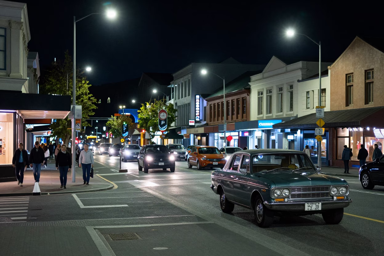 Busy Christchurch New Zealand Night Street Scene with Vintage Car and Neon Signs in in Christchurch, New Zealand