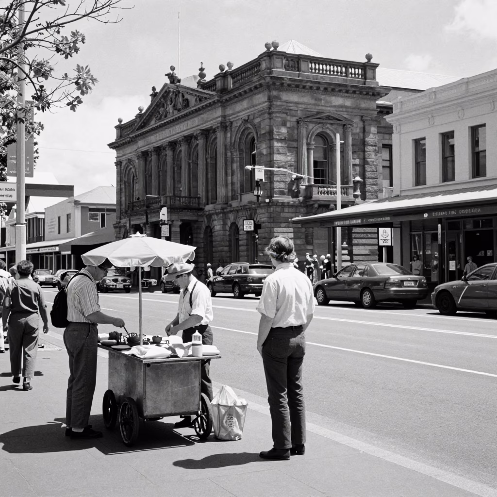 Busy Christchurch New Zealand Street Scene at Midday with Vintage 1970s Elements in in Christchurch, New Zealand