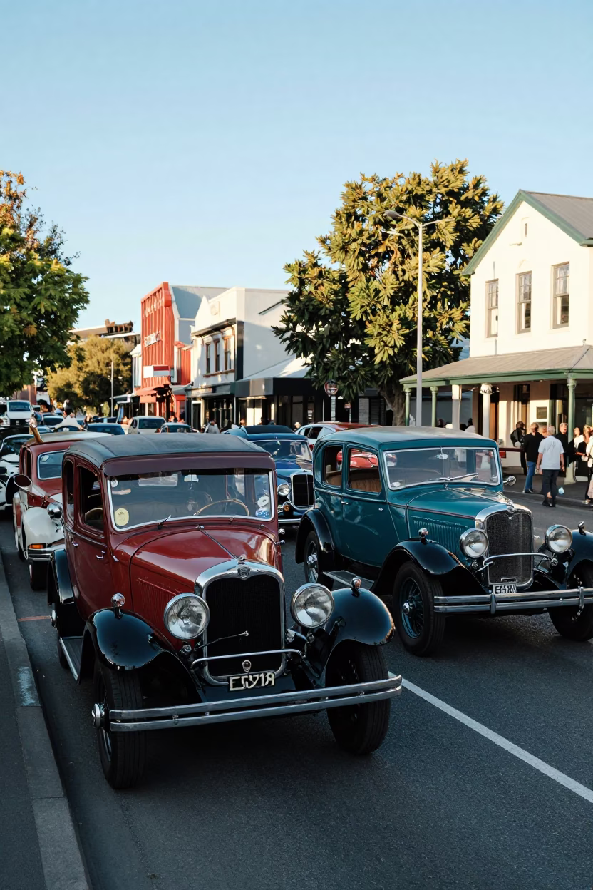 Busy Christchurch New Zealand Street Scene Early Afternoon Vintage Car Rally and Local Interaction in in Christchurch, New Zealand