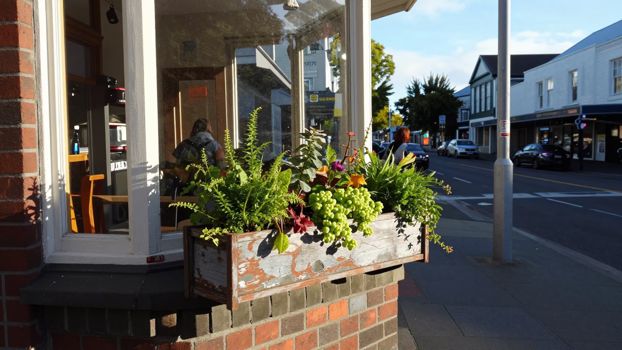Busy Christchurch New Zealand Street Scene Early Afternoon with Window Box and Shirt Hanger in in Christchurch, New Zealand
