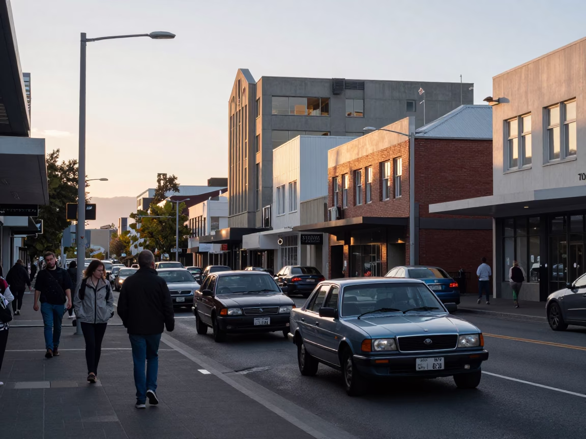 Busy Christchurch New Zealand Street Scene Just After Sunrise with Commuters and Vintage Cars in in Christchurch, New Zealand