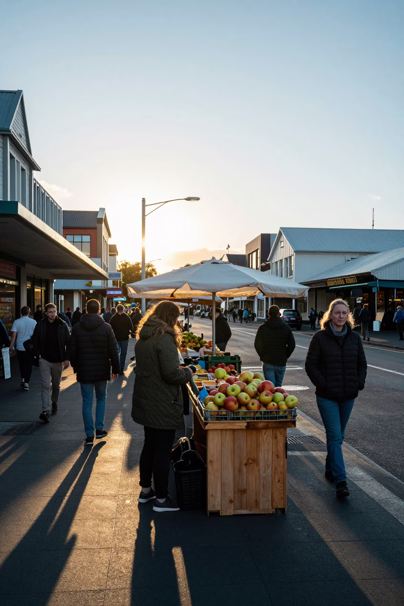 Busy Christchurch New Zealand Street Scene Late Afternoon with Local Market Stalls and Pedestrians in in Christchurch, New Zealand