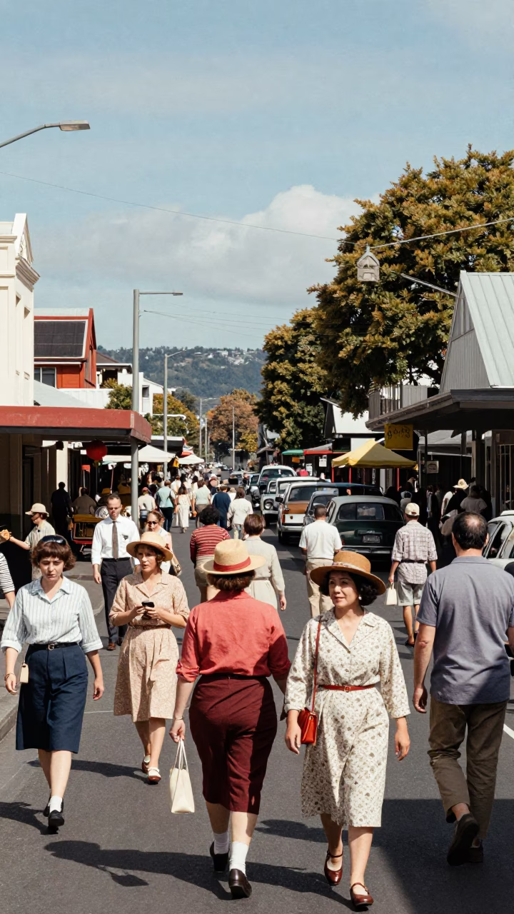 Busy Christchurch New Zealand Street Scene Midday 1960s Era Realistic Photograph in in Christchurch, New Zealand