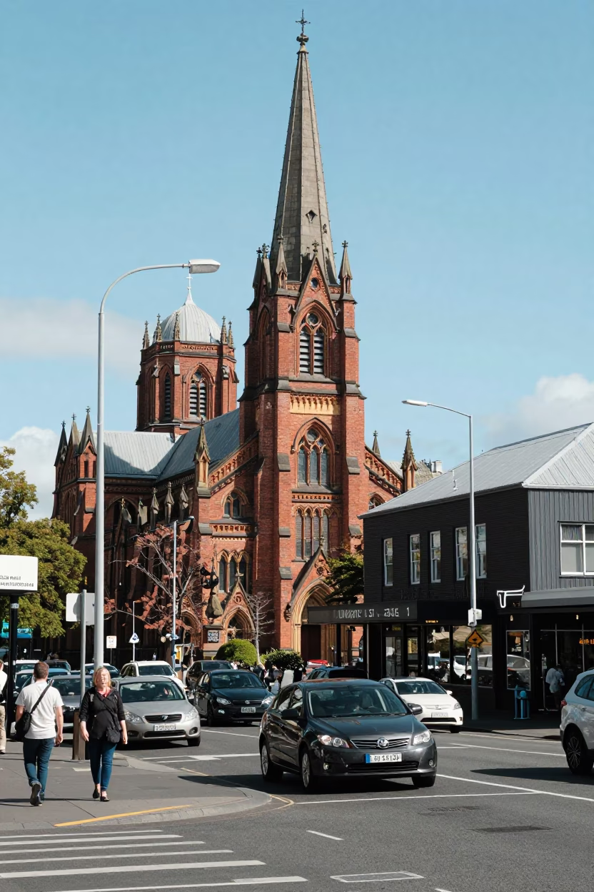 Busy Christchurch New Zealand Street Scene with Parked Cars and Pedestrians Under Noon Sun in in Christchurch, New Zealand