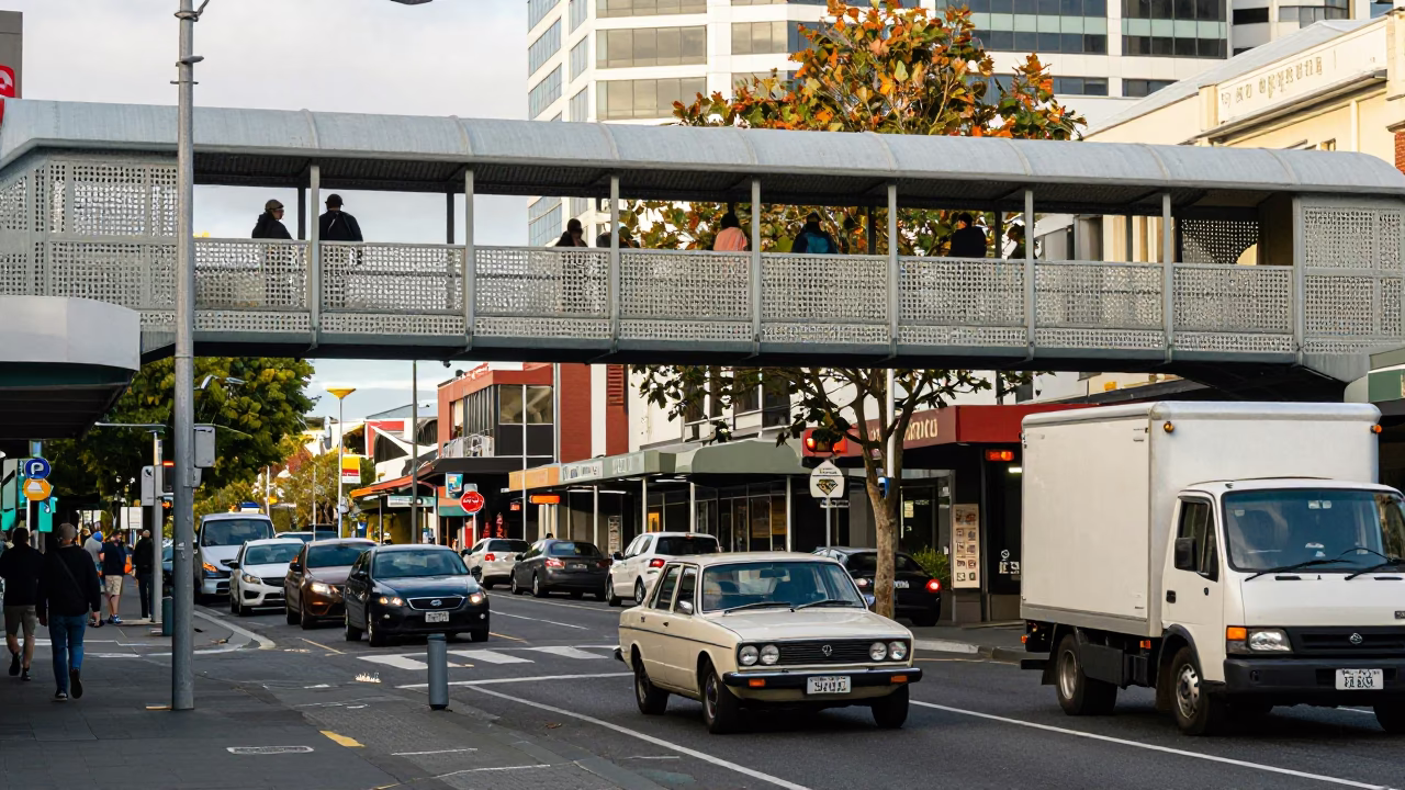 Busy Christchurch New Zealand Street Scene with Pedestrian Overpass and Vintage Cars in in Christchurch, New Zealand
