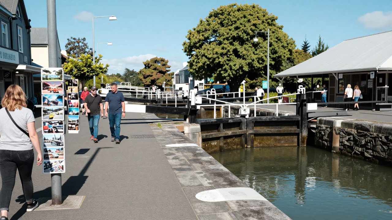 Busy Christchurch New Zealand Street Scene with Postcards and Canal Lock at Midday in in Christchurch, New Zealand