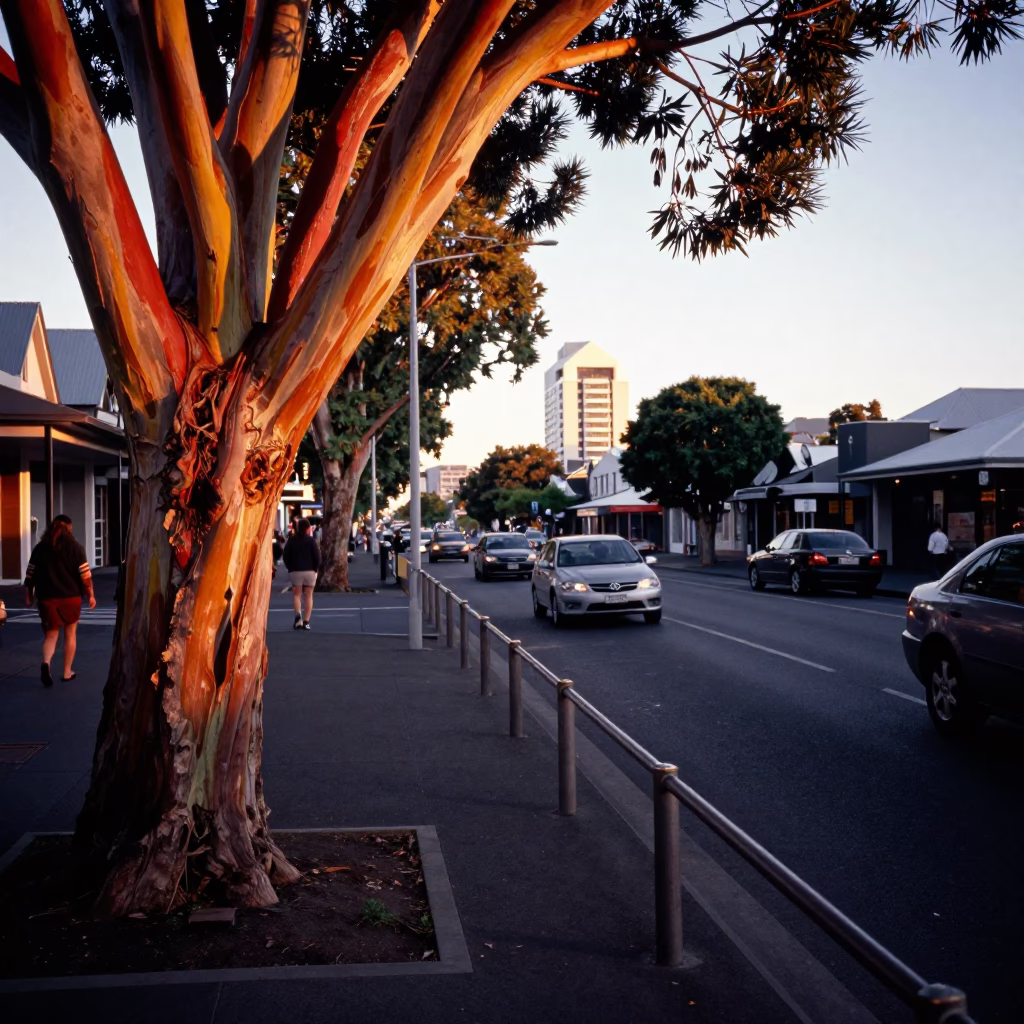 Busy Christchurch New Zealand Sunset Street Scene with Peg Rails and Rainbow Eucalyptus Trees in in Christchurch, New Zealand