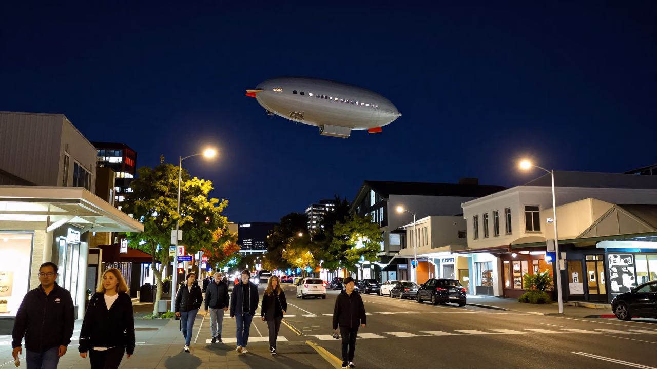 Busy Christchurch Night Street Scene with Zeppelin Airship Overhead Under Deep Sky in in Christchurch, New Zealand