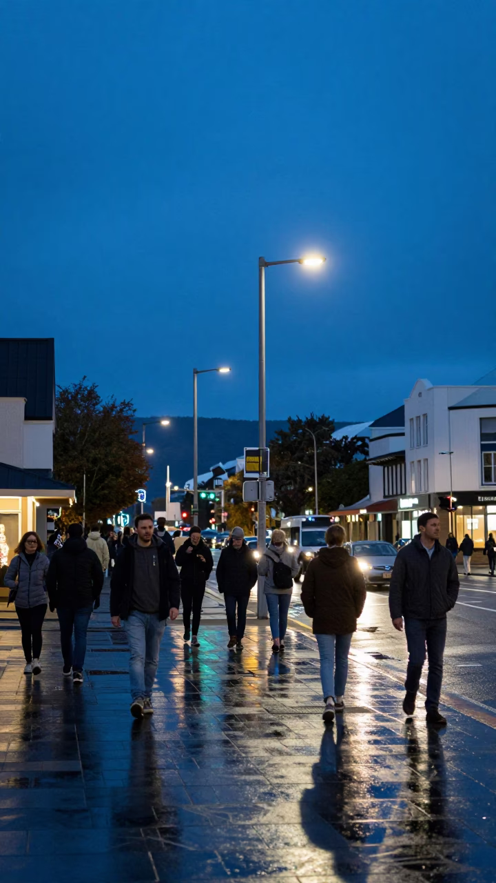 Busy Christchurch Street Corner During Blue Hour With Local Pedestrians in in Christchurch, New Zealand
