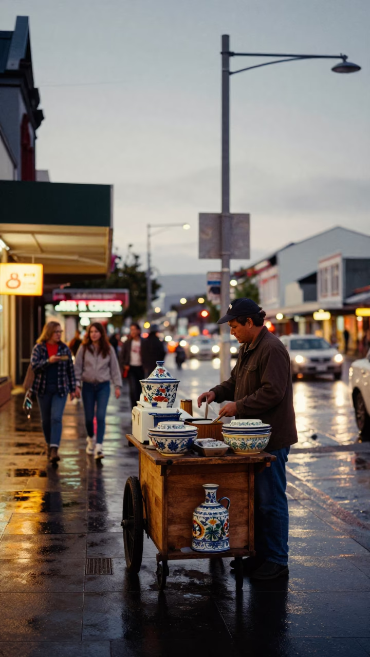 Busy Christchurch Street Corner Evening Scene with Vintage Majolica Plate and Local Interaction in in Christchurch, New Zealand