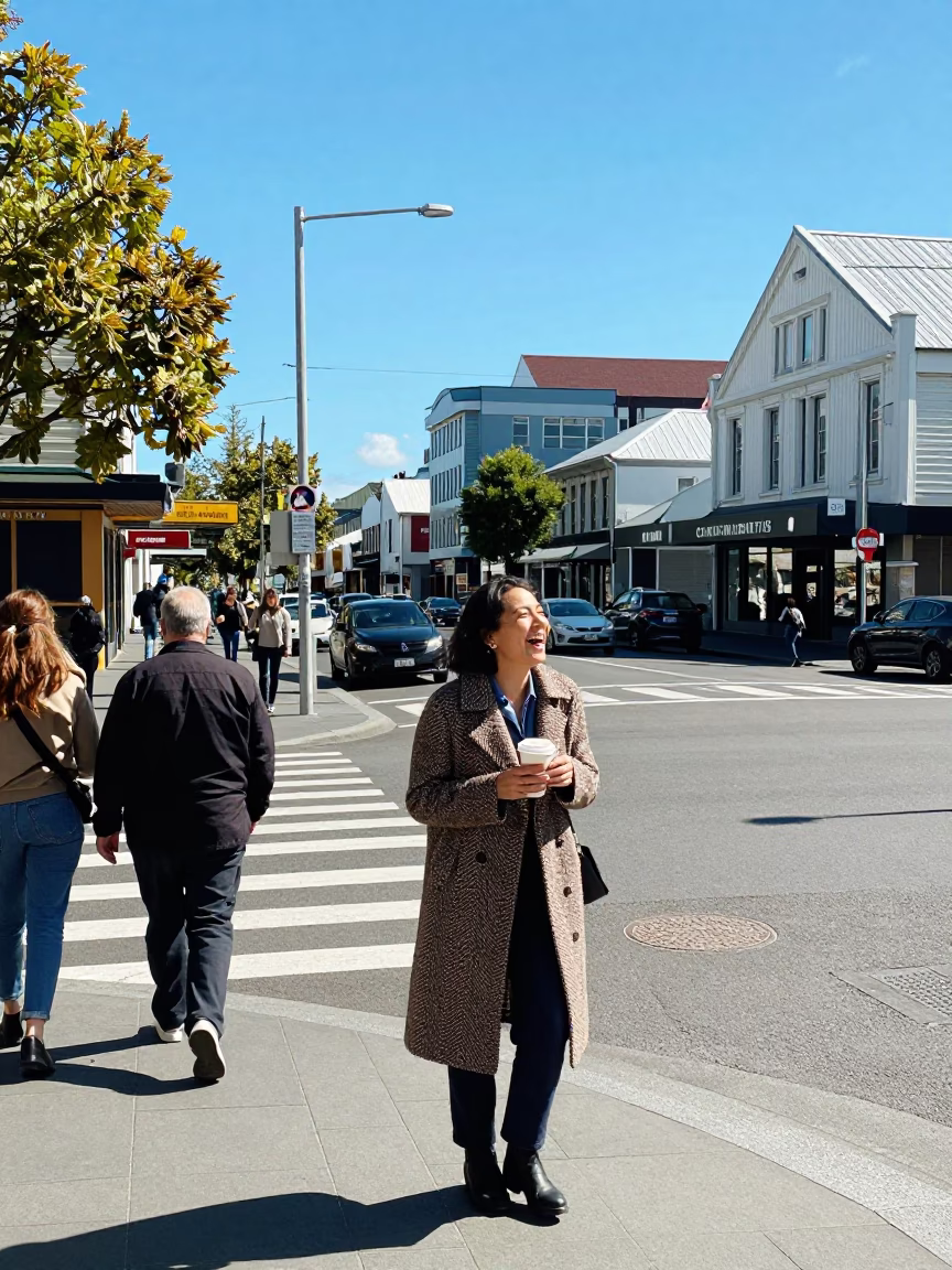 Busy Christchurch Street Corner in Bright Midmorning Light with Local Pedestrians and Vintage Details in in Christchurch, New Zealand