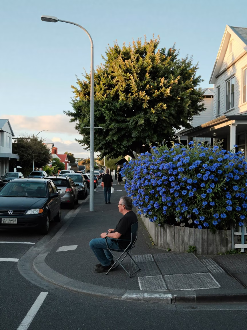 Busy Christchurch Street Corner Late Afternoon with Folding Chair and Plumbago Hedge in in Christchurch, New Zealand