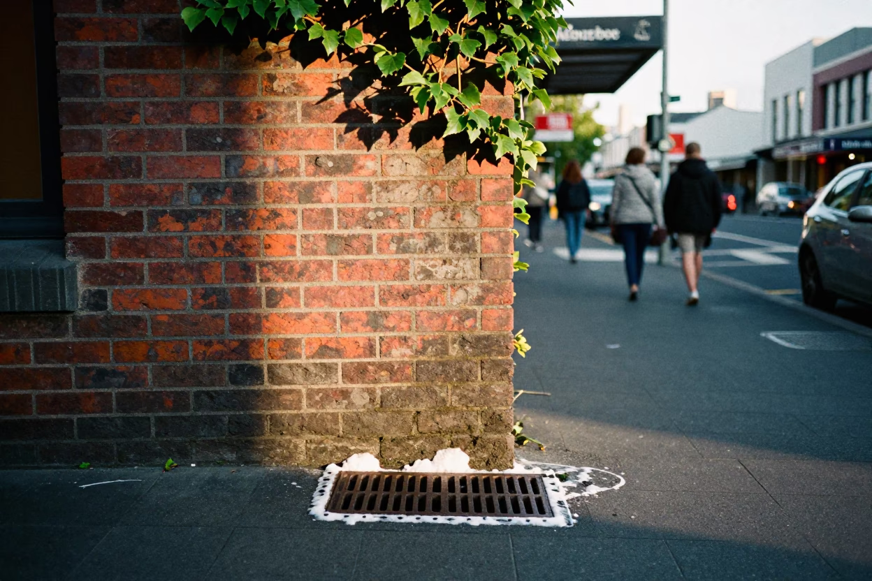 Busy Christchurch Street Corner Late Morning with Ivy Brick Wall and Soap Residue Drain in in Christchurch, New Zealand