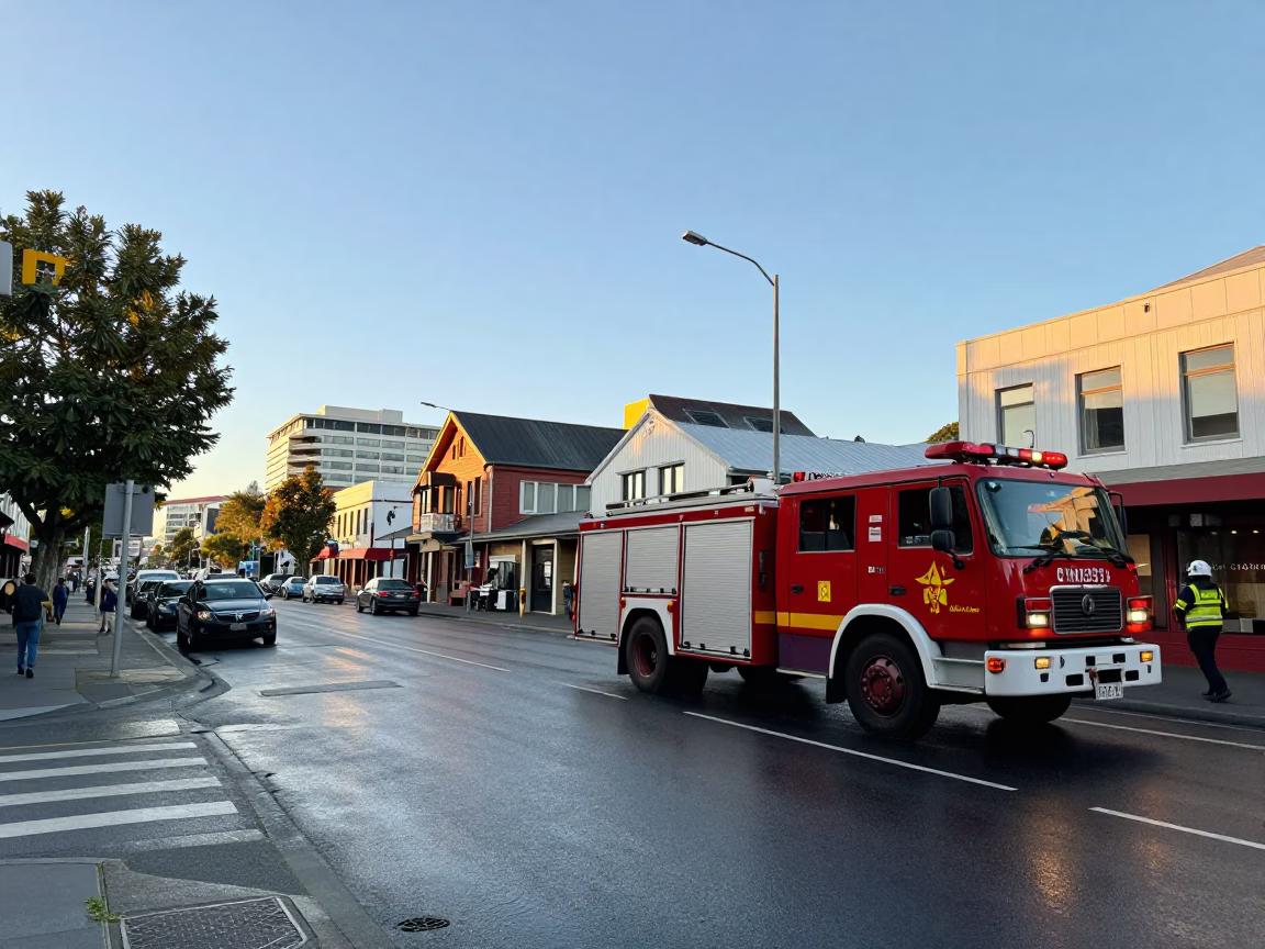 Busy Christchurch Street Corner with Fire Engine Racing Past Early Morning Light in in Christchurch, New Zealand