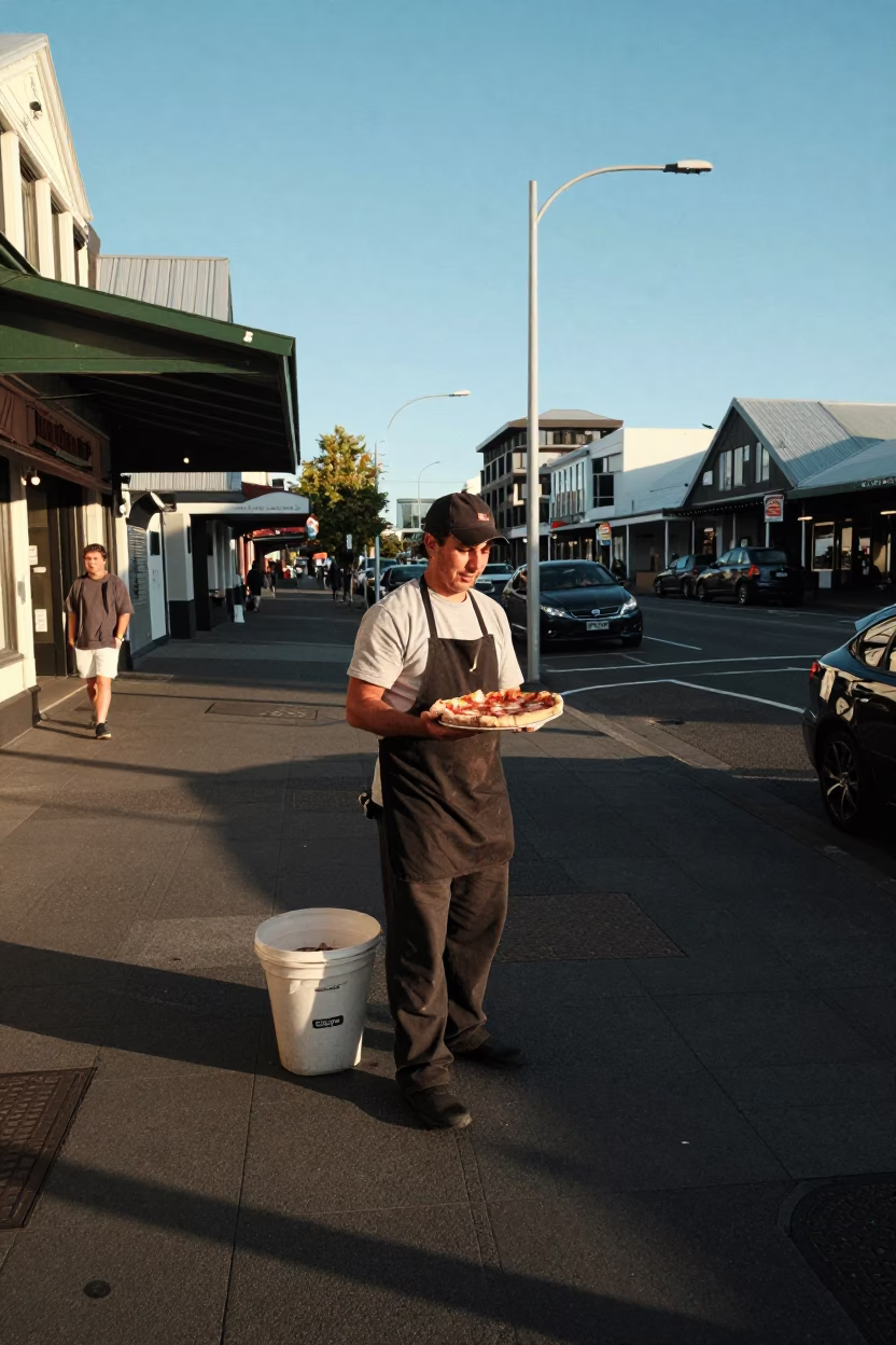 Busy Christchurch Street Corner with Neapolitan Pizza and Local Pedestrians in Late Afternoon Light in in Christchurch, New Zealand