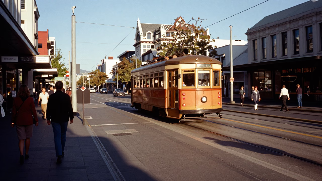 Busy Christchurch Street Corner with Tram Tracks and Pedestrians in Late Afternoon Sun in in Christchurch, New Zealand