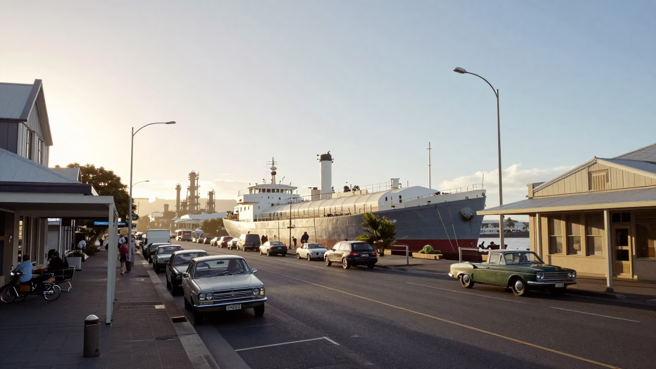Busy Christchurch Street Scene After Sunrise with Vintage 1950s Atmosphere in in Christchurch, New Zealand