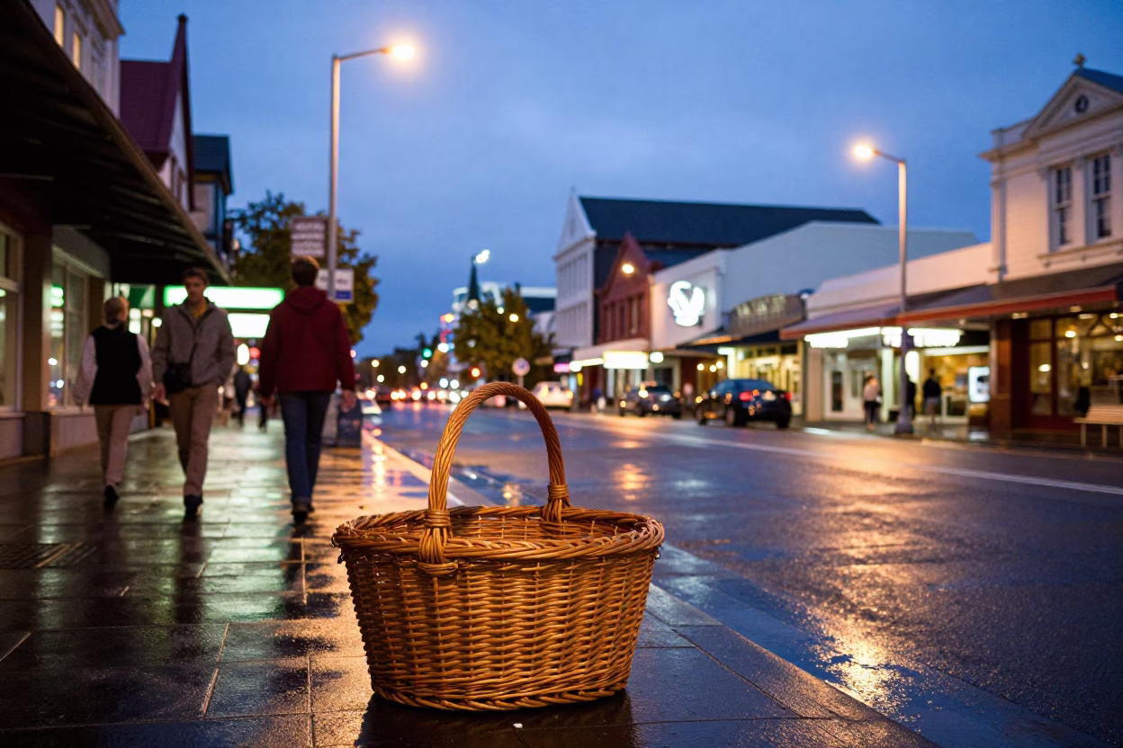 Busy Christchurch Street Scene at Blue Hour with Vintage Wicker Basket and Toolbox in in Christchurch, New Zealand