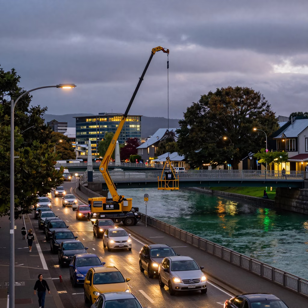 Busy Christchurch Street Scene at Dusk with Bridge Maintenance and Urban Details in in Christchurch, New Zealand