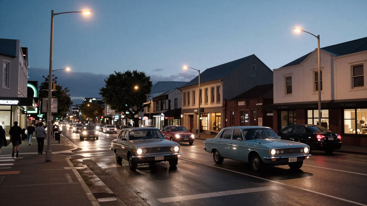 Busy Christchurch Street Scene at Dusk with Vintage Cars and Neon Shop Lights in in Christchurch, New Zealand
