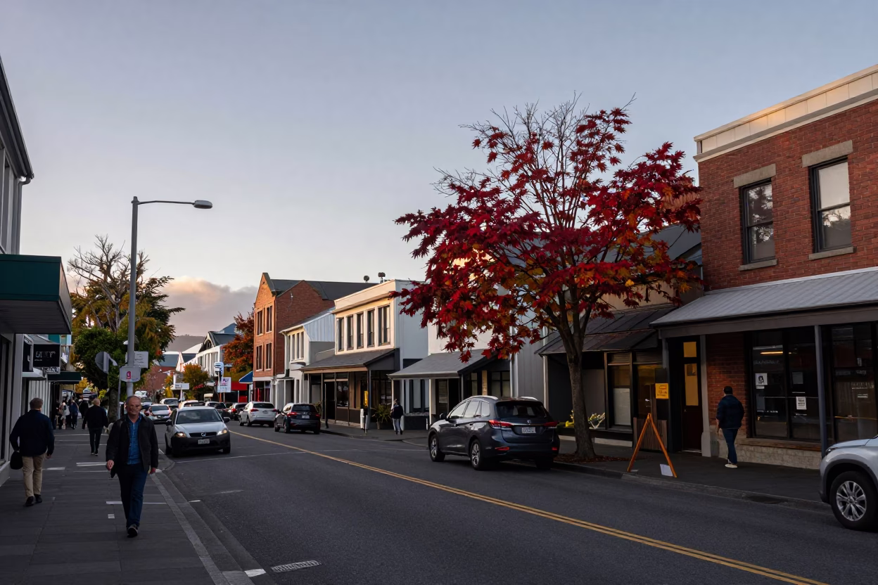 Busy Christchurch Street Scene at Nautical Dawn with Japanese Maple and Vintage Details in in Christchurch, New Zealand