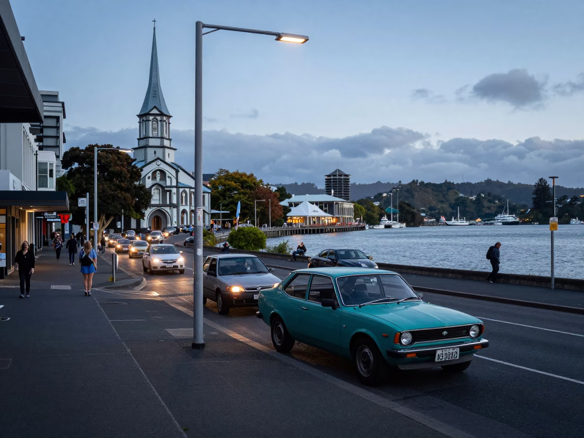 Busy Christchurch Street Scene at Nautical Dawn with Vintage 1980s Atmosphere in in Christchurch, New Zealand