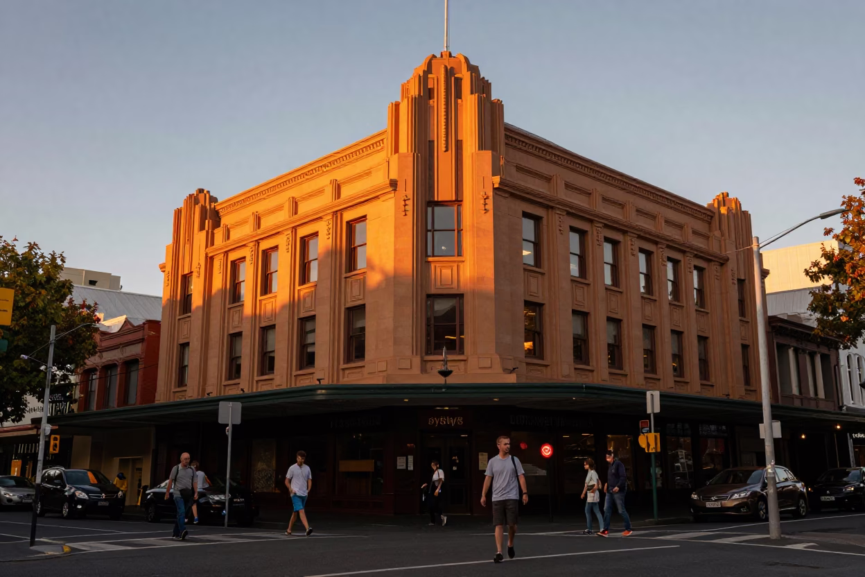 Busy Christchurch Street Scene at Sunset with Art Deco Hotel Facade and Italian Greyhound in in Christchurch, New Zealand