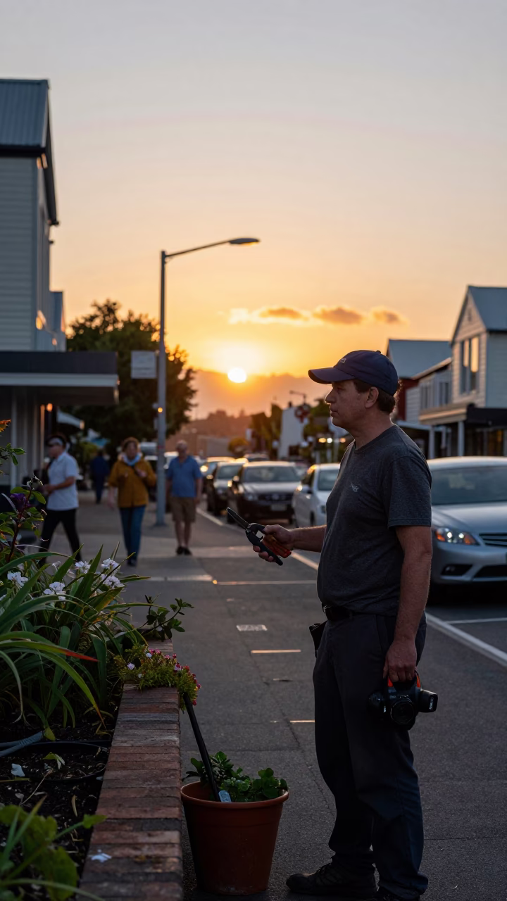 Busy Christchurch Street Scene at Sunset with Garden Shears and Tomatoes in in Christchurch, New Zealand