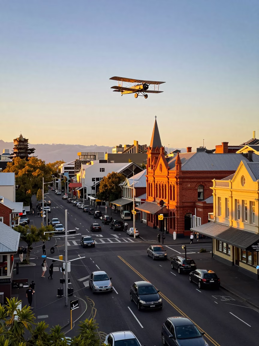 Busy Christchurch Street Scene at Sunset with Vintage Biplane and Local Traffic in in Christchurch, New Zealand