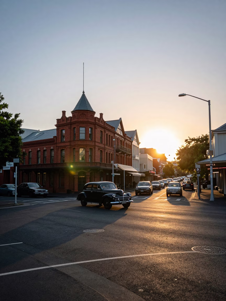 Busy Christchurch Street Scene at Sunset with Vintage Cars and Pedestrians in in Christchurch, New Zealand