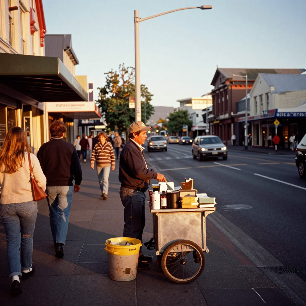Busy Christchurch Street Scene in Honeyed Evening Light with Local Street Food Vendor in in Christchurch, New Zealand