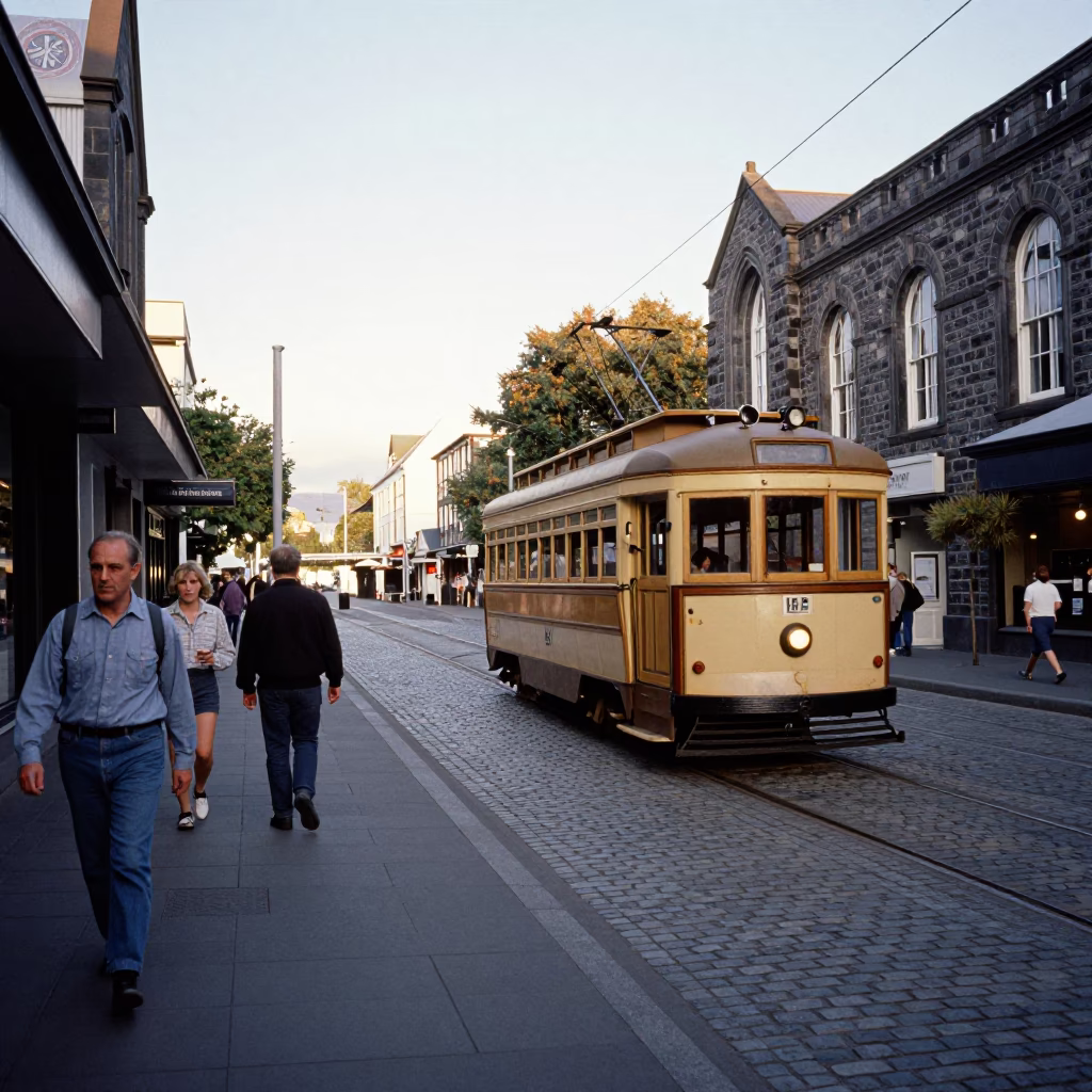 Busy Christchurch Street Scene Late Afternoon Heritage Tram Cobblestones in in Christchurch, New Zealand