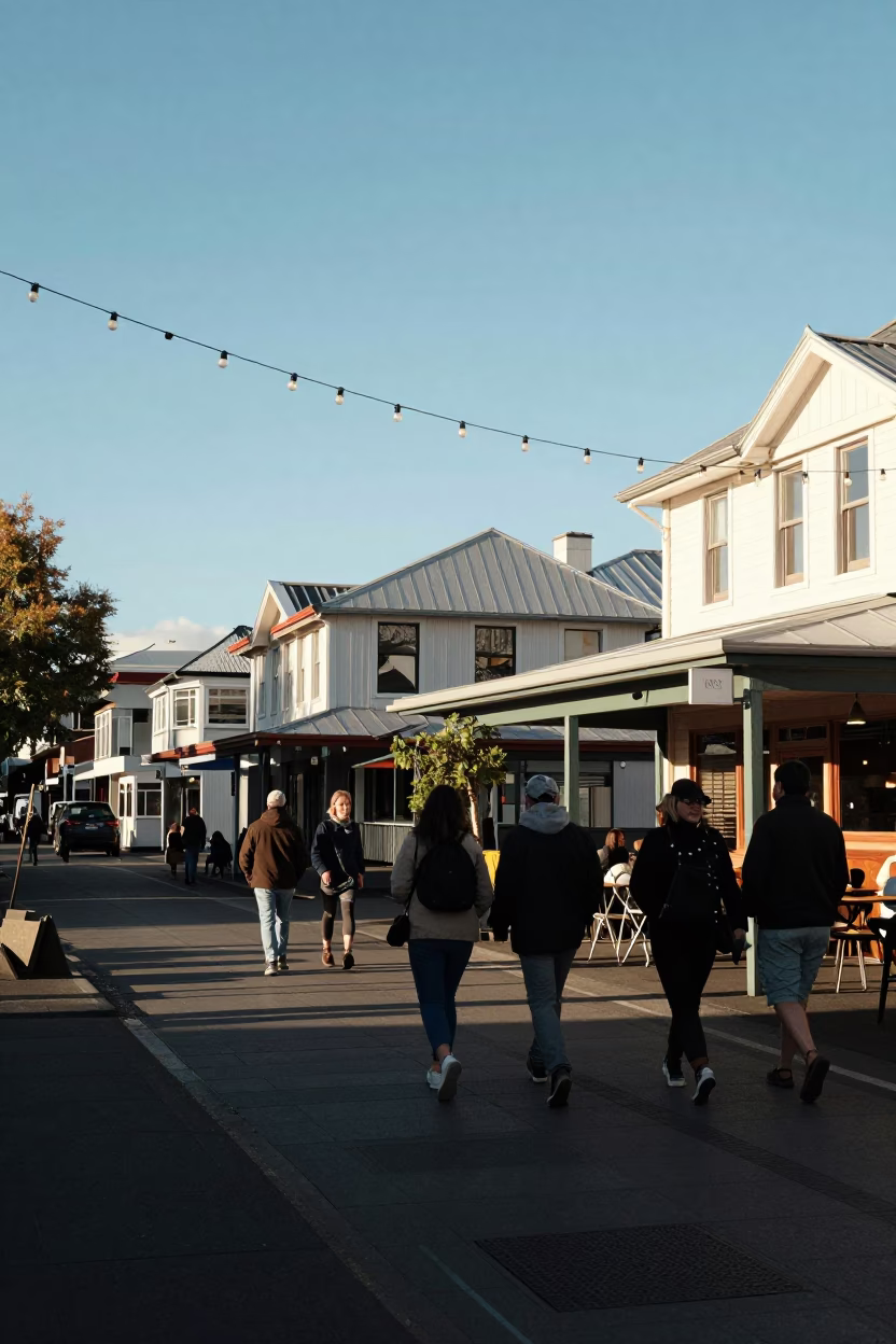 Busy Christchurch Street Scene Late Afternoon Light with String Lights and Urban Activity in in Christchurch, New Zealand