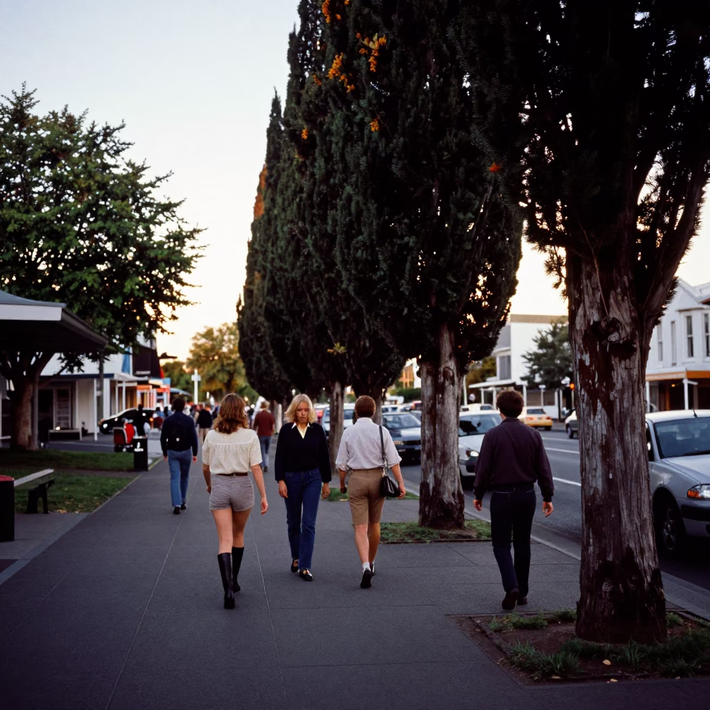 Busy Christchurch Street Scene Late Afternoon with Cypress Trees and Urban Life in in Christchurch, New Zealand