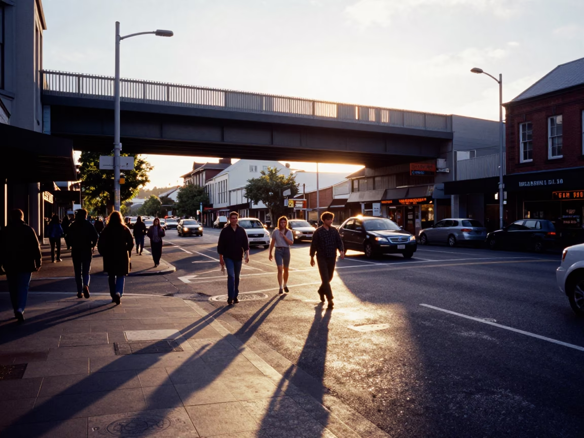 Busy Christchurch Street Scene Late Afternoon with Overpass and Tram in in Christchurch, New Zealand