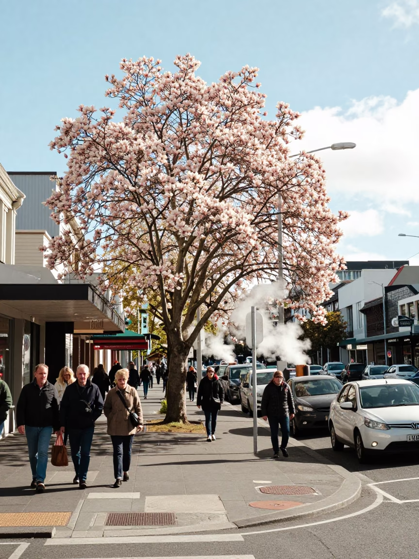 Busy Christchurch Street Scene Midmorning Light with Steam Pipes and Magnolia Tree in in Christchurch, New Zealand
