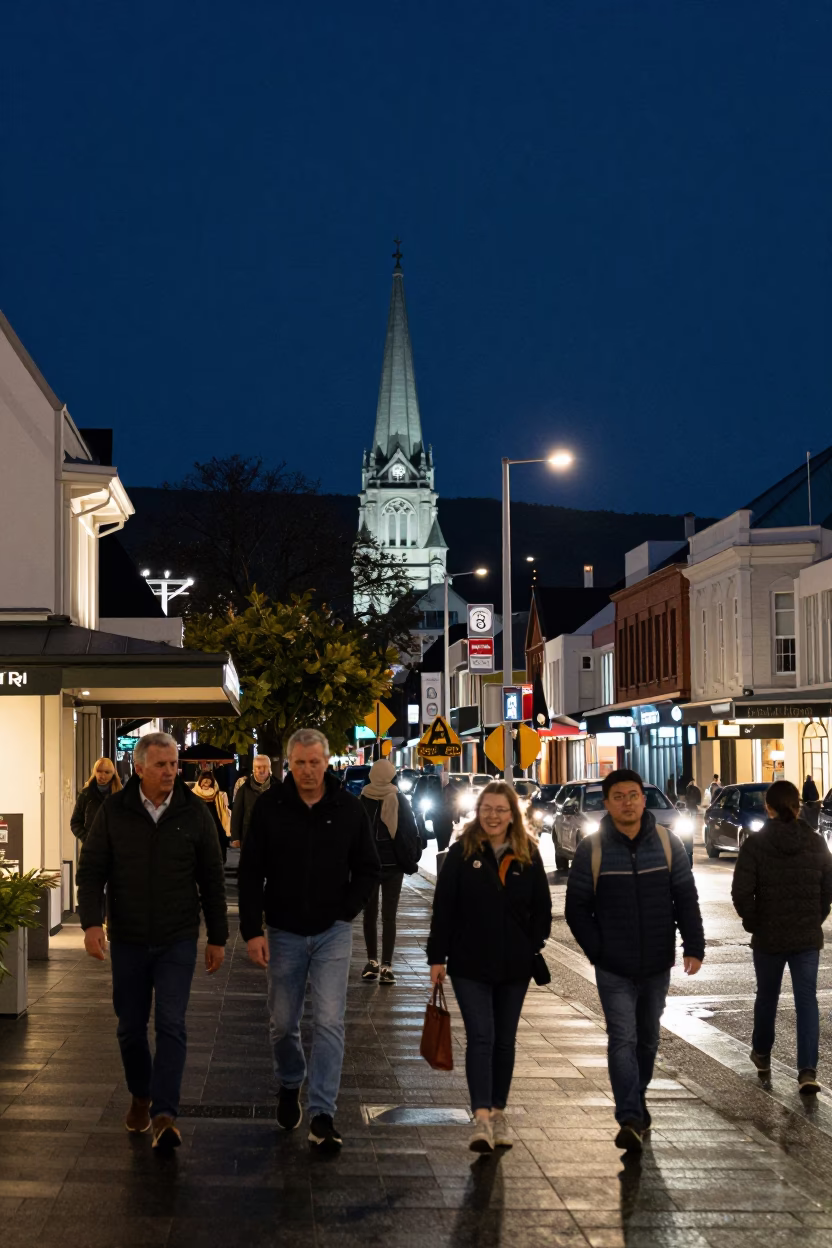 Busy Christchurch Street Scene Under Deep Night Sky With Local Activity in in Christchurch, New Zealand