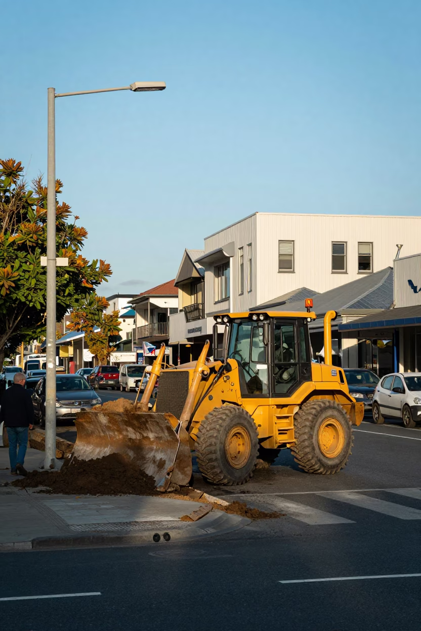 Busy Christchurch Street Scene with Bulldozer and Local Life in Late Afternoon Light in in Christchurch, New Zealand