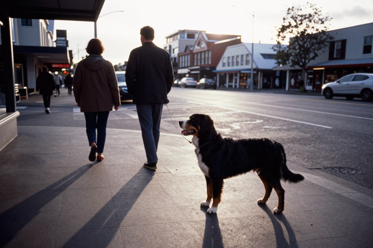 Busy Christchurch Street Scene with Greater Swiss Mountain Dog at First Light in in Christchurch, New Zealand