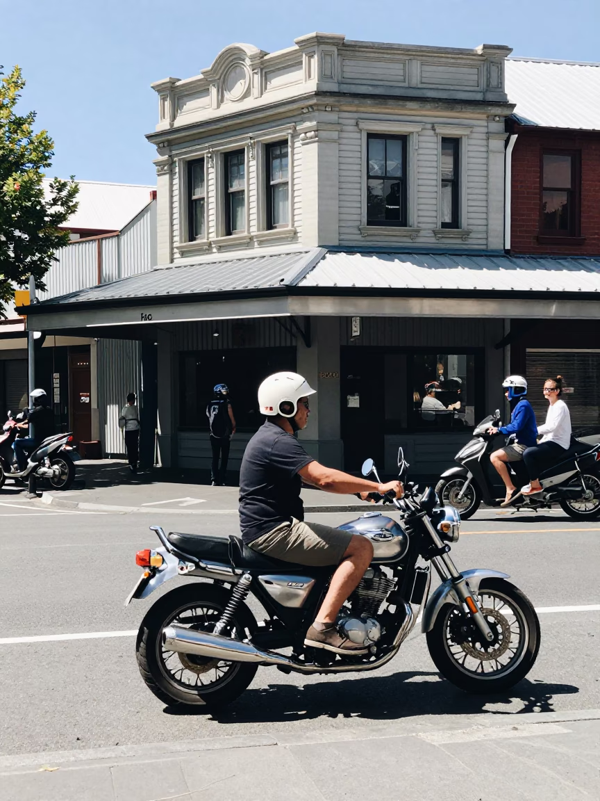 Busy Christchurch Street Scene with Motorcycle and Brushed Steel Frame at Midday in in Christchurch, New Zealand